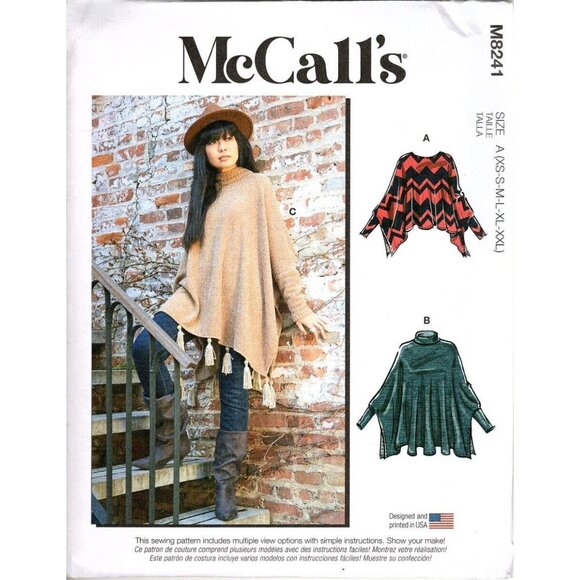 McCall's M8241 Misses XS to XXL Tops and Ponchos Uncut Sewing Pattern - Picture 1 of 2